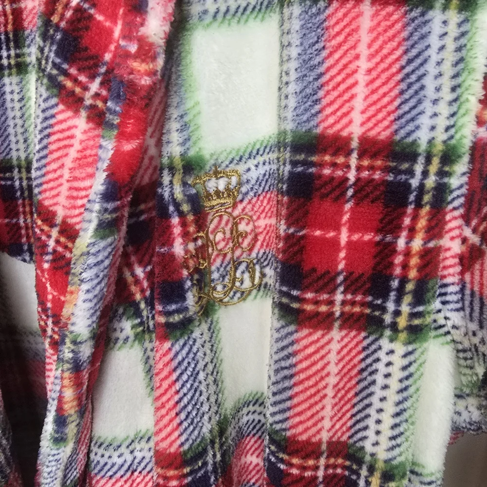 NWT Lauren Ralph Lauren Ivory Plaid Plush Bath Robe Size Small Cozy Warm Lounge